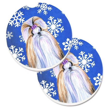 Carolines Treasures Shih Tzu Winter Snowflakes Holiday Set of 2 Cup Holder Car Coaster SS4603CARC